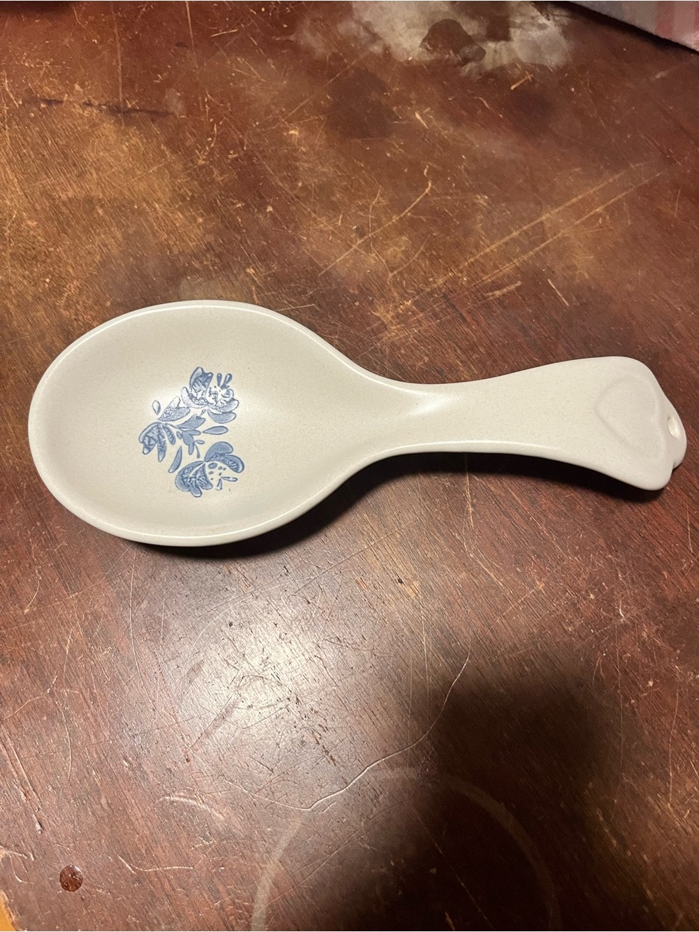 Pfaltzgraff Cream Ceramic Spoon Rest with Blue Floral Motif